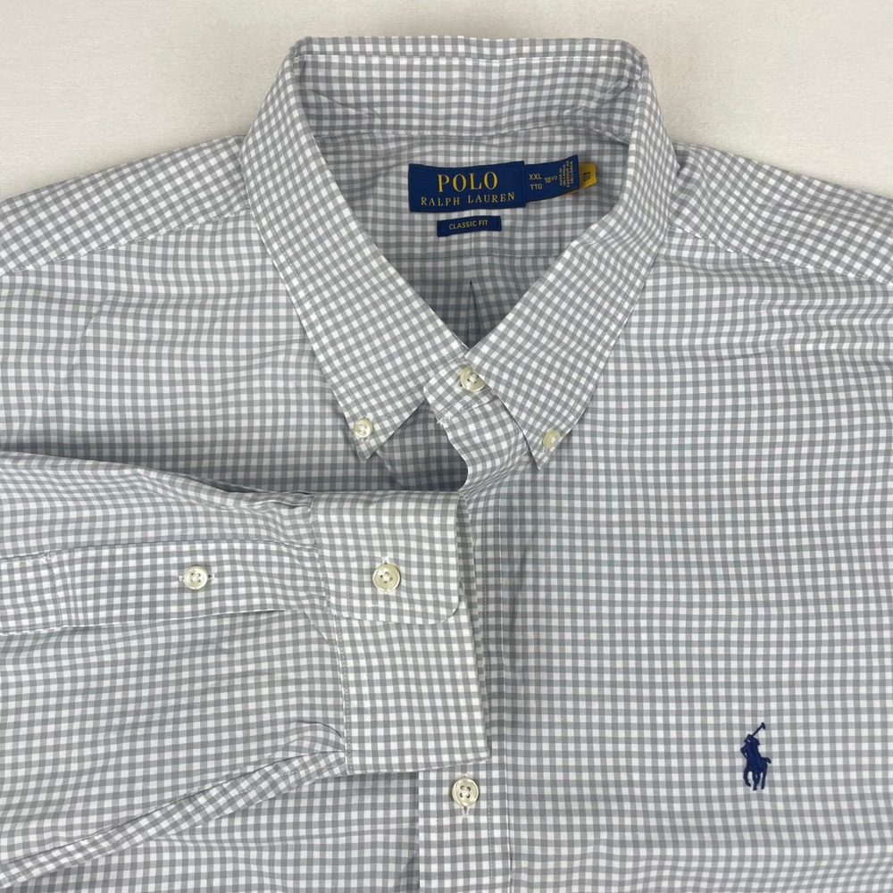Polo Ralph Lauren Mens XXL Classic Fit Gingham Button Down Shirt Grey White